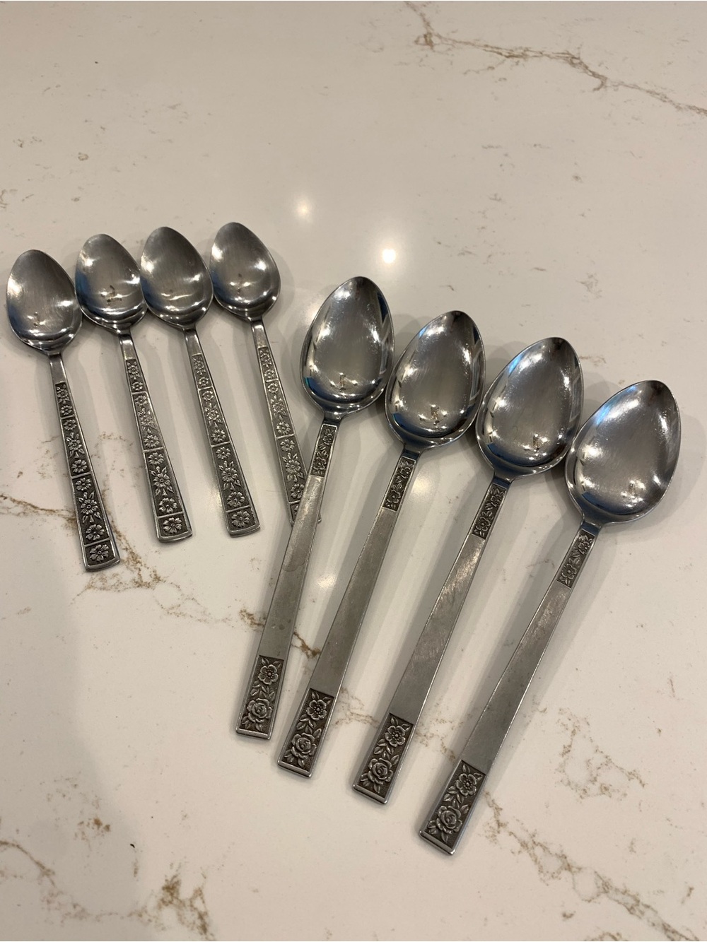 Vintage 70’s Silverware Embossed Flowers Stainless Steel Spoon Set  (8) Pieces